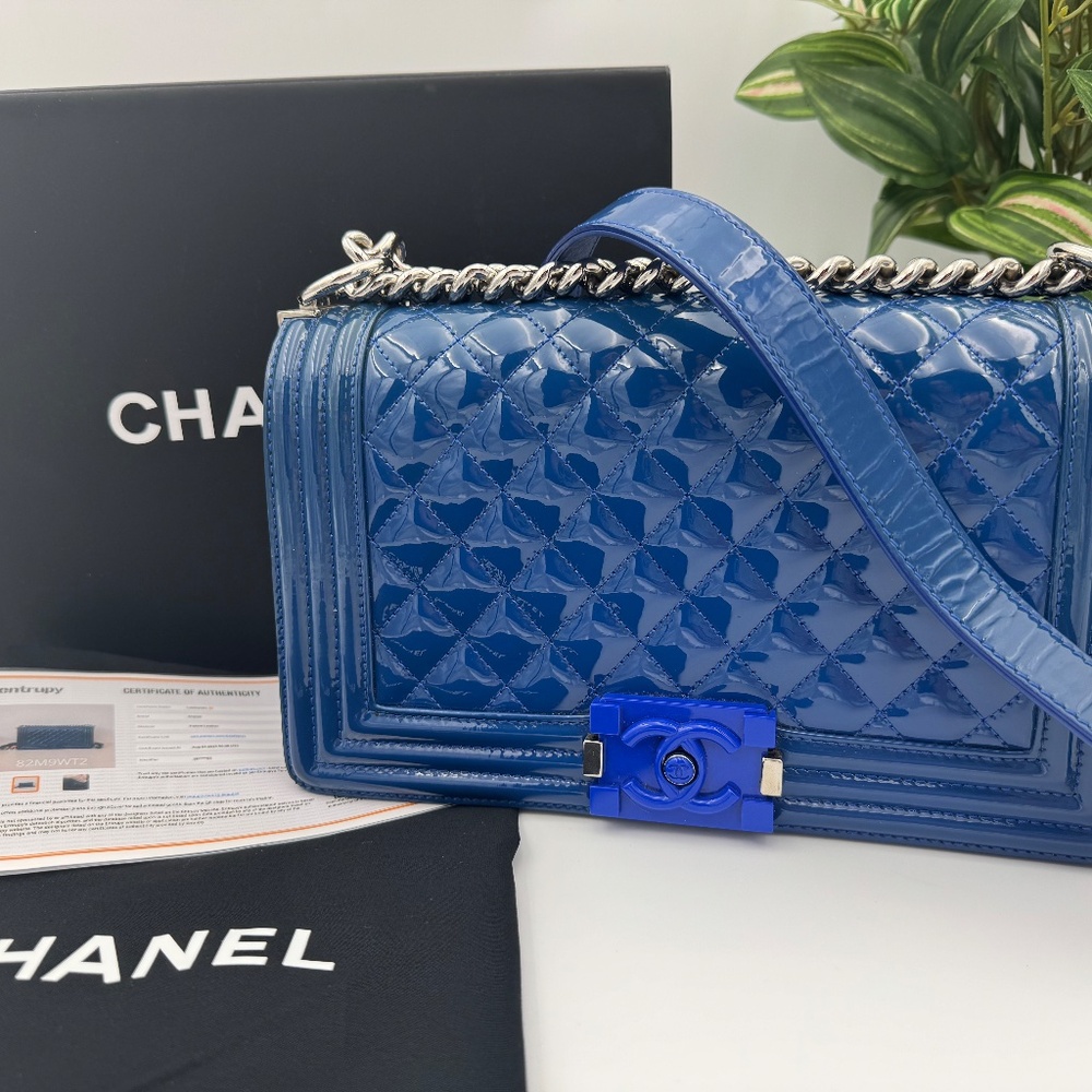 Chanel Boy Bag in Blue Patent Leather with Ruthenium Hardware with COA